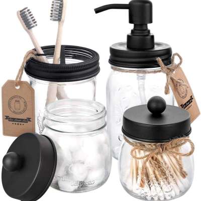 Mason Jar Bathroom Accessories Set 4 – Mason Jar Soap Dispenser & 2 Apothecary Jars & Toothb Profile Picture