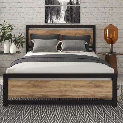 Queen Size Metal Platform Bed Frame with Wooden Headboard/ Heavy Duty Bed Frame with 12 Strong Slats Profile Picture