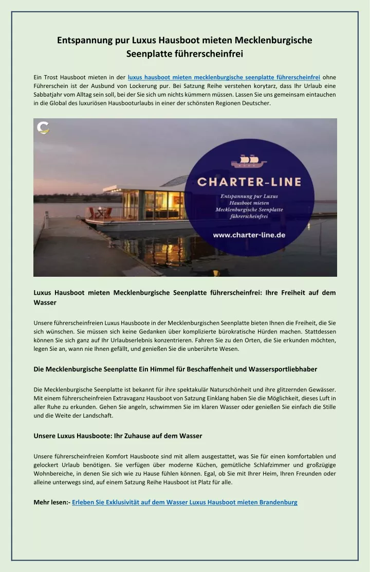 PPT - Entspannung pur Luxus Hausboot mieten Mecklenburgische Seenplatte führerscheinfrei PowerPoint Presentation - ID:12666831